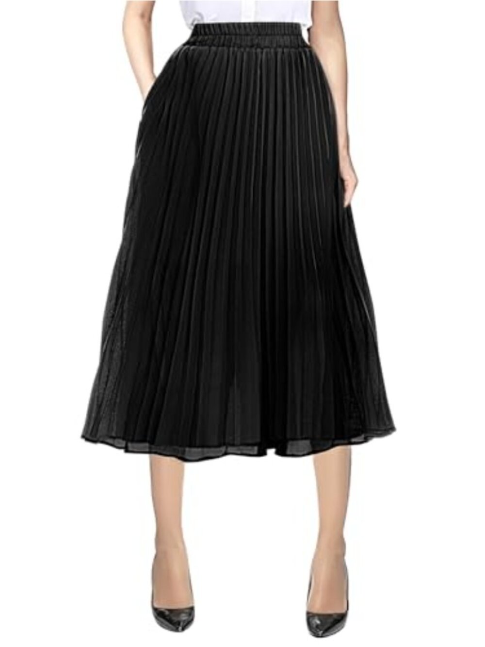 Women's A-Line Elastic Waist Chiffon Midi Skirt Flare Pleated with Pockets